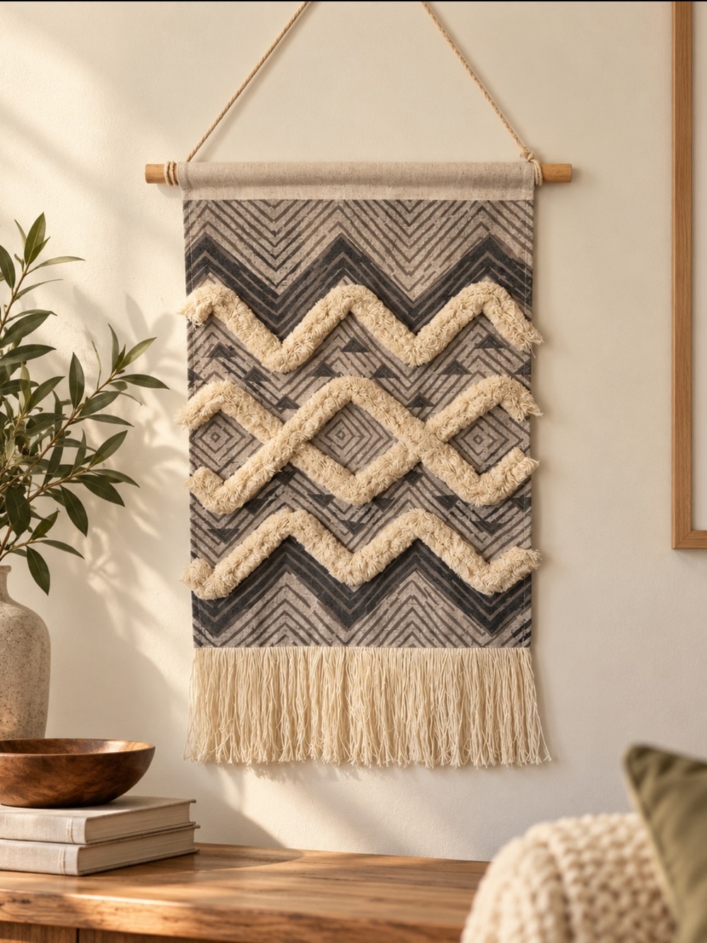 Boho Geometric Woven Wall Hanging Tapestry Neutral Gray Cream 23”